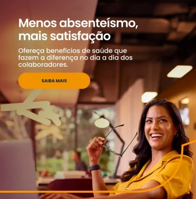 Banner com uma mulher sorridente e com o texto "Menos absenteísmo, mais satisfação"